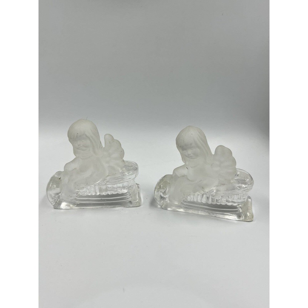 SET OF 2 FROSTED GLASS CHERUB ANGEL CANDLE HOLDER WINGS DECORATION